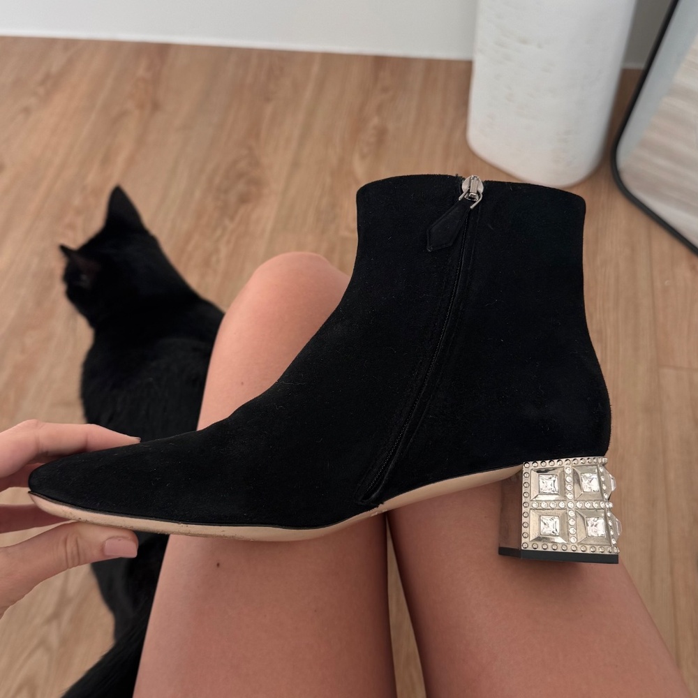 Miu Miu Black Suede Ankle Booties with Crystal Block Heel